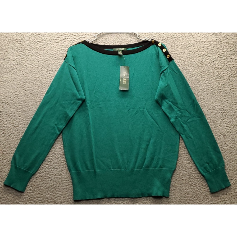 Lauren Ralph Lauren Sweater Women Medium Multi Ribbed Hem Shoulder Button Detail